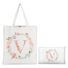 boutikpro Sacola de lona com inicial personalizada com bolsa cosmética, monograma floral, presente para mulheres, dama de honra, casamento, Branco