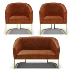 Sofá Namoradeira E 2 Poltronas Base Industrial Dourado Stella Corano D03 - D`rossi Cor Nozes