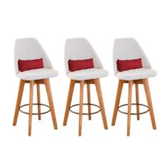 Kit 03 Banquetas Alta Maya Giratória Com Encosto Linho Bege Claro e Almofada Suede Vermelho - Aurora Line