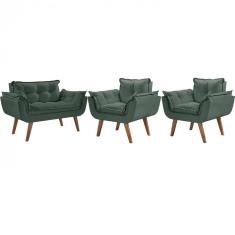 Conjunto Poltronas Opalla Pés Madeira Verde