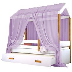 Cama Montessori Cabana Com Auxiliar Solteiro E Dossel Lilás