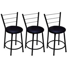 Kit 3 Banquetas Baixas Preta com Encosto Assento Preto