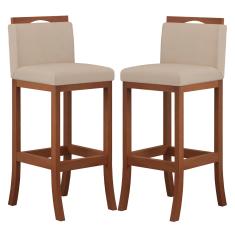 Kit 2 Banquetas Alta Encosto Estofado 38x102 Cm Turim Madeira Maciça Pinhão Suede Bege CCS