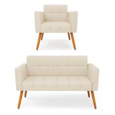 Kit 1 Sofá Namoradeira E 1 Poltrona Elisa Linho Pés Palito Castanho - D`rossi Cor A19 Bege