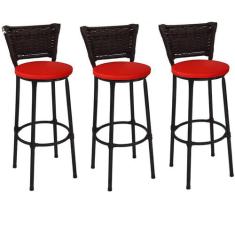 Kit 3 Banquetas Altas Preta com Encosto Junco Argila Assento Vermelho 