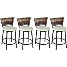 Kit 4 Banquetas Baixas Preta com Encosto Junco Capuccino Assento Branco