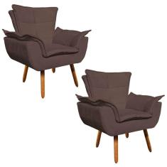 Kit 2 Poltronas Decorativas Sala De Estar Pés Palito Opla Suede Marrom - Ibiza