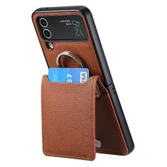 Porta-anel magnético carteira de couro para cartões Solt Case para Samsung Galaxy Z Flip 4 Flip4 Flip3 5G Zflip4 Kickstand Capa vertical, marrom, para Samsung Z Flip 3