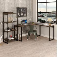 Conjunto Home Office Industrial 2 Peças 1 Escrivaninha em L e 1 Estante 4 Prateleiras Kuadra Compace Carvalho Dark