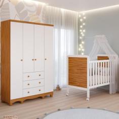 Quarto Bebê Completo Berço Americano 2 em 1 Cloe Guarda Roupas 4 Portas 3 Gavetas Junior 100% MDF