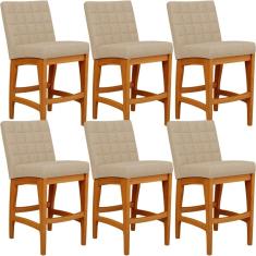 Kit 5 Banquetas Baixa Cozinha Fixa Mila L02 Madeira Eucalipto Assento Linho Bege Lyam Decor