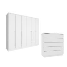 Guarda-roupa 6 Portas Portugal E Comoda 5 Gavetas Premium Espresso Móveis Branco-neve