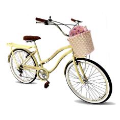Bicicleta aro 26 modelo retrô cesta tipo vime 6 marchas bege