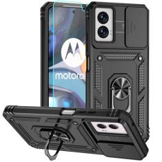 Capa para Moto G Power 5G 2024, capa de telefone de plástico rígido com amortecedor de borracha de silicone com [capa de lente de câmera deslizante] [anel giratório de 360°] [protetor de tela HD] para
