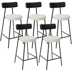 Kit 05 Banquetas Baixa Cozinha Sala Jantar Milão L02 Couríssimo Preto Linho Champagne - Lyam Decor