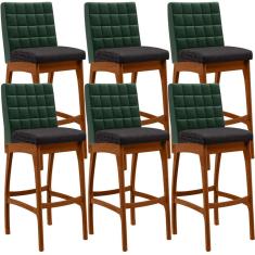 Kit 06 Banquetas Altas Cozinha Sala Jantar Fixa Mila B04 Facto Verde Musgo Linho Chumbo - Lyam Decor