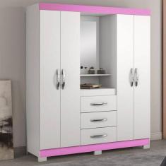 Guarda-Roupa Capelinha 4 Portas E 3 Gavetas Branco/Rosa