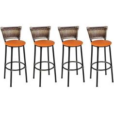 Kit 4 Banquetas Alta Preta Junco Capuccino com Assento Laranja Fortmix