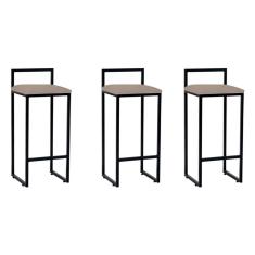 Kit 3 Banquetas Bar Cozinha Bistrô Altas em Aço Industrial Dori Preta Assento Suede Bege