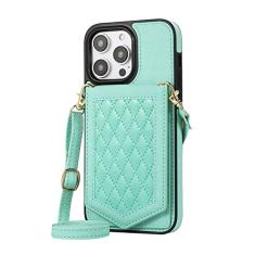 Carteira de couro com espelho para cartões Solt Case para iPhone 14 Pro Max 13 Mini 12 11 SE 2022 XR XS 8 7 6 6S Plus Crossbody Lanyard Cover, verde, para iPhone 14Pro