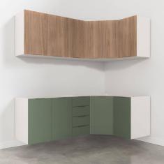 Cozinha Modulada 6 Peças Sem Tampo 3 Aéreos e 3 Balcões Ipanema CabeCasa MadeiraMadeira Acácia/Verde Folha/Branco
