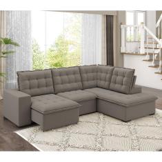 Sofá de Canto Retrátil Reclinável 8 Lugares Veludo Belluno Arte Cúbica Estofados Cinza Claro