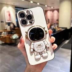 Capa de telefone dobrável com suporte de astronauta de desenho animado para iPhone 11 12 13 14 15 Pro Mini XR XS Max capa de estrutura de revestimento macio em SE2 7 8 Plus, capa de astronauta branca