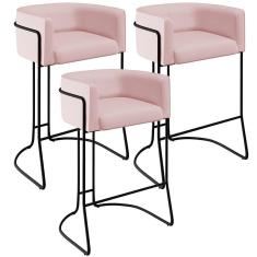Kit 03 Banquetas Fixa Preto Veludo Rosê C-305