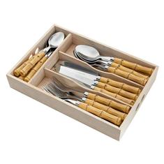 WOLFF Faqueiro de Aço Inox Com Cabo Plástico Bambu 24 Peças - Jogos de Talheres - Mesa Posta - Utensílios de Cozinha, Enxoval, Casamento, Decoração