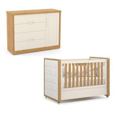 Berço Americano com Capitonê New Boucle e Cômoda Infantil Tutto New Freijó Off White - Matic