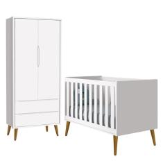 Jogo de Quarto Infantil Theo Retrô Guarda Roupa 2 Portas e Berço com Pés Amadeirado - Reller Móveis Branco Fosco