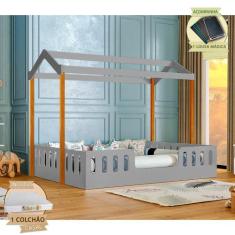 Cama Casal com Colchão D28 Casinha Montessoriana Ágatha Cinza/amêndoa 