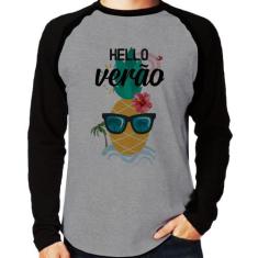 Camiseta Raglan Hello Verão Manga Longa - Foca na Moda, Cinza, Preto, 