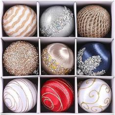 Enfeites de Natal Bolas de Natal de Champanhe, 9 PCS Decorações de Árvore de Natal de Luxo Bolas de Espuma Inquebráveis, Conjunto de Lâmpadas de Natal com Brilho de Cetim para Decoração de Férias/410