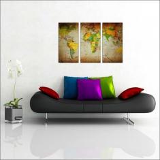 Quadro Decorativo Mapa Mundo Salas Quartos Com 3 peças Com Moldura - V