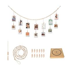 Yudarte Guirlanda de Contas de Madeira de 4 Pés com Prendedores de Roupa, Porta-Cartões com Imagens - Country Farmhouse Christmas Nursery Boho Holiday Decorations With Clips