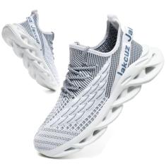 Jakcuz Tênis masculino leve para caminhada plus size de malha com estampa de escama de peixe, Branco/Azul1, 39