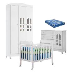 Quarto de Bebê New Selena 3 Portas com Berço Lila e Cômoda Selena Branco Brilho e Colchão Ortobom – Carolina Móveis