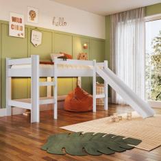 Cama Infantil Elevada Casinha Menino Menina Solteiro 202cm Com Escada E Escorregador Branco