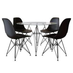 Mesa de Jantar Eames Eiffel de Ferro Preto Tampo Redondo Vidro 110cm c