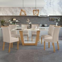 Conjunto Sala de Jantar Mesa 170x90cm Tampo MDF com 6 Cadeiras Apogeu Móveis Lopas Amêndoa Clean/Off White/Marromle Creme