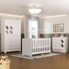 Quarto de Bebê Completo Guarda Roupa 4 Portas 3 Gavetas com Cômoda e Berço Hera Branco Branco