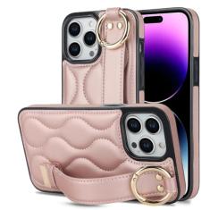 Capa de telefone com pulseira de couro pu para iphone 15 14 plus 13 12 mini 11 pro max x xs xr 7 8 plus capa de suporte, ouro rosa, para iphone 13