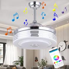 Ventilador de teto inteligente Bluetooth de 42 "com luz e controle remoto, ventilador lustre moderno com lâminas retráteis, luz ajustável de 7 cores e fandelier de 3 velocidades f