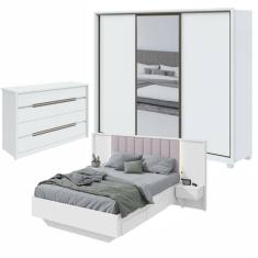 Quarto com Guarda-Roupa com Espelho 3 Portas 6 Gavetas, Cômoda Urban 8 Gavetas e Cama Solaris Branco