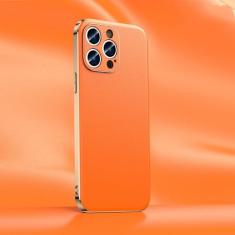 Capa de telefone de couro para iPhone 14 12 11 13 15 Pro Max 15Pro 14Pro Chapeamento de lente completa capa traseira, laranja (A006), para iPhone 14 Plus