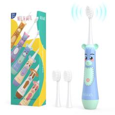NELL&WELL Escova de dentes elétrica infantil, temporizador de 2 minutos, 3 modos com memória, IPX 7 impermeável, escova de dentes infantil alimentada por bateria com 3 cabeças de cerdas macias para