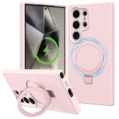 Vanxiliiy Capa compatível com Samsung Galaxy S24 Ultra com suporte, capa de silicone líquido com proteção total da câmera, suporte magnético compatível com MagSafe, rosa