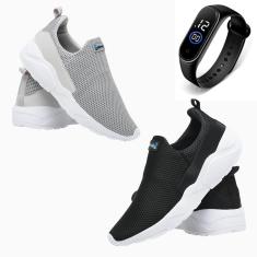2 Tênis Masculino Esporte Academia Caminhada Conforto Dia a Dia + Relógio-Masculino
