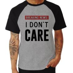 Camiseta Raglan I don't care - Foca na Moda, Cinza, Preto, GGG